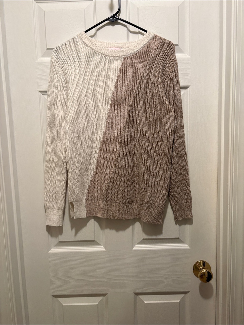 Pink Lily Diagonal Colorblock Crewneck Sweater - Cream and Brown